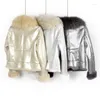 Women's Leather GTGYFF Womens Coat With Raccoon Fur Collar Short Locomotive Pearl Bright Surface Jacket Winter Warm Overcoat