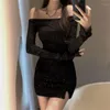 Повседневные платья от плеча Bodycon Mini платье Женщины Slim Seedive с длинными рукавами сексуальная черная пейзидос клубная вечеринка весенняя осенняя одежда