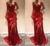 2023 Vintage Evening Dresses Wear Red Spaghetti Straps Mermaid Sexy Side Split Satin Bow Women Dubai Formal Party Prom Dress