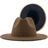 Unisex Faux Wool Khaki with Black Patchwork Panama Jazz Hat Felt Fedora Hats Women Men Wide Flat Brim Party White Green Bowler Cow294E