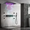 In die Decke eingebetteter 24X32-Zoll-LED-Duschkopf mit Musiklautsprecher, Nebel, Regen und Wasserfall, Thermostat-Duscharmatur-Set aus Messing