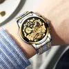 Wristwatches Gold Watch Men Quartz Wristwatch Fashion الأنيقة جوفاء العتاد الفولاذ المقاوم للصدأ مقاوم للماء الساعات الساعات على مدار الساعة Relogio Masculi