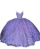 2023 Quinceanera Dresses Purple Butterfly Flollal Flowers Lace Aptique Spaghetti V-Neck Ball Gowns Invinence Formal Prom Dress Sweet301a