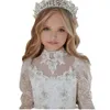 Glitter Flower Girl Dresses Long Sleeve Floral Lace Blouse with Crystals Kids Baptism Communion Gown Button Back A Line Child Formal Wear