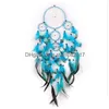 Arts And Crafts Handmade Dream Catcher Wind Chime Net Natural Feather Make Home Furnishing Decorate Blue Wall Hanging Delicate Arr5559141