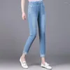 Damen-Jeans, elastische Taille, Damen-Frühling und Sommer 2022, hohe, schmale Hose, bestickte Füße, super dehnbar