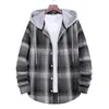 Men's Casual Shirts Long Sleeve Quilted Lined Flannel with Hood Button-Down Flannel Plaid Hoodie Shirt Lightweight Jacket