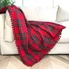 Filtar Julstickad filt med Pompom Red Green Plaid Blanet för bäddsoffor