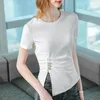 Women's T Shirts Short-sleeved T-shirt Women's Summer 2022 Solid Color Round Neck Cotton Beaded Pleated Slit Waist Y2k Tops Harajuku