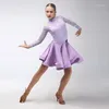 Abbigliamento da palcoscenico Abito da ballo latino per ragazze a maniche lunghe in pizzo viola Abito da body diviso rosa con performance blu Costumi per bambini