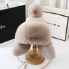 Inverno grosso e orelha de ouvido ao ar livre chap￩u de l￣ de malha de esqui de l￣ de l￣ de l￣ de l￣ Bomber Mulheres Faux Fur Pompom Girl Bonnet Soft