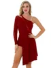 Bühnenkleidung Damen One-Shoulder-Tanzkleid Lateinischer Ballsaal Lyrisches Ballett-Outfit Durchsichtige Langarm-Tanzkleidung mit geteiltem asymmetrischem Saum