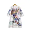 2023 White Floral Print Beaded Dress 3/4 Sleeve Round Neck Sequin Knäslängd Casual Dresses S2D072323