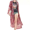 Camicette da donna Super Chic Wine Kimono Sleeve Robe Caftano Stampa floreale Boho Cardigan Sexy Spacchi laterali Gypsy Beach Summer Long Women Blusa