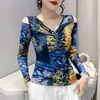 Women's T Shirts Fall Winter European Clothes T-Shirt Chic Sexy V-Neck Draped Print Off Shoulder Shiny Beading Mesh Women Tops Long Sleeve