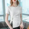 Women's T Shirts Short-sleeved T-shirt Women's Summer 2022 Solid Color Round Neck Cotton Beaded Pleated Slit Waist Y2k Tops Harajuku