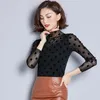 Kvinnors blusar 2022 Autumn Winter Turtleneck Fashion Tunic Women Blus Slim Fit Shirts L￥ng￤rmlig formell Black Dot Print Tops