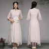 Roupas étnicas verão mulher linho de algodão 2 conjuntos de peças azuis cinza rosa meia manga com uma cinta longa traje elegante oriental