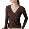 Women's T Shirts Cross V-neck Cotton Long-sleeved T-shirt Women 2022 Solid Color Sexy Pleated Top Y2k