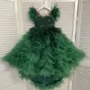 Emerald Green Glitter Flower Girls' Dresses Tiere Feather Kids Christmas Party Gown Beading Tulle Child Pageant Dress 326 326