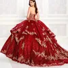 Burgundy Shinny Sequined Princess Quinceanera Dresses Sweetheart Sexy Corset Back Ball Gown Sweet 16 Girls Gold Appliques Formal Prom Vestidos De Festa CL1587