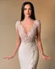 Elegant Women Pearl Mermaid Wedding Dresses Exquisite V Neck Lace High Split Bridal Gowns Aso Ebi Bride Dress Arabic