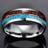 Bröllopsringar 9mm Silver Color Tungsten Steel Wood for Men smycken Blue Opal Engagement Par
