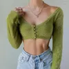 Kvinnors blusar Spring Autumn Green V-hals Velvet Crop Top för kvinnor långärmad eleganta toppar beskurna sexiga knappar upp Cardigan streetwear