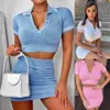 Women two-piece dress summer short-sleeved tops and half-length skirt set 10-color sexy cropped sweater shirt bag hip short miniskirt pure color stripe two piece sets