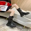 Black Mid-calf Monolith Leather Boots Nylon pouch half Combat platform Wedges Zipper Rounded Toe block heels Flat chunky luxury designer boot