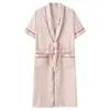 Men's Sleepwear Silk Satin Mens Robe Short Sleeve Striped Bathrobe Sexy V-Neck Kimono Night Bath Fashion Dressing Gown For Male