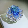Cluster Rings Vintage Simulation Blue Topaz Ring Ladies 925 Sterling Silver Luxury Zircon Stone Finger Exquisite Fine Jewelry