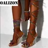 샌들 여름 2022 새로운 끈적 인 허벅지 하이 샌들 무릎 높이 발 뒤꿈치에 섹시한 여성 신발 패션 크리스탈 보우 파티 펌프 레이디 슬라이드 T221209