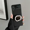 Folding Pearl Bracket Telefonfodral för Samsung Galaxy Z Flip3 Flip4 5G Hållbar fast färg Vogue Leather Protective Shell Suffsäker