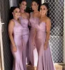 Blush Pink African One Shoulder Mermaid Bruidsmeisje Jurken Vloer Lengte Wedding Guestjurken Junior bruidsmeisje Ribbon feestjurk 2022 BC12587