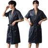 Men's Sleepwear Summer Men's Silk Robe Thin Kimono Dresses Solid Embroidery Bathrobes Soft Satin Long Bathrobe Home Wear Clothes