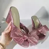 Sandals Ladies Gold Pleated Bow Knot Slip On Mules Slip On Wedding Heeled Sandals For Women Block High Heels Design Dress slippers women T221209