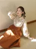 Work Dresses Korean Fashion Women Outfits Autumn Long Sleeve Print Flower Shirt Vintage Blouse Tops & Brown Maxi Skirt For Elegant Lady