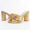 Sandals Ladies Gold Pleated Bow Knot Slip On Mules Slip On Wedding Heeled Sandals For Women Block High Heels Design Dress slippers women T221209