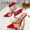 Sandalias Liyke Sexy Punta estrecha Metal Tacones altos finos Sandalias doradas Mujeres Moda de verano Tobillo con cordones Zapatos de vestir de boda Sandalias Mujer T221209