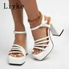 Sandals Liyke New Fashion White Chunky Sandals Women Summer Open Toe Thick Bottom Platform High Heels Ladies Buckle Strap Dress Shoes T221209