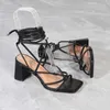 New Sandals 2022 Summer Black PU Thin Strap Ankle Cross Straps High Heels Fashion Casual Thick Heel Women's Shoes 36-42 d5d4 s