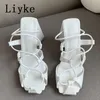 Sandalen liyke sexy holle kruis smalband dames pompen sandalen zomer vierkant teen vreemde hoge hakken slip-on achterste band trouwschoenen t221209