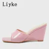 Sandales Liyke nouveau vert serpent imprimé en cuir chaussures à semelles compensées pour femmes Mules pantoufles été bout carré talons hauts gladiateur sandales diapositives T221209