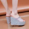 Bling Women Sandals Golden Slippers Summer Shoes Platform 4cm Outside Fitting-room 11cm High Heels Wedges Solid Mesh Fem 0810