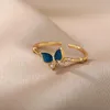 Cluster Rings Blue Butterfly For Women Crystal Shiny Zirconia Enamel Finger Ring Femme Bohemian Vintage Jewelry Gift Accessories