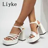 Sandals Liyke New Fashion White Chunky Sandals Women Summer Open Toe Thick Bottom Platform High Heels Ladies Buckle Strap Dress Shoes T221209