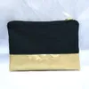 black canvas cosmetic bag with waterproof gold leather bottom matching color lining and gold zip 7x10in makeup bag ship by DH280V