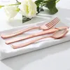 Set di stoviglie Set di posate in plastica usa e getta Set di posate in argento in oro rosa Utensili per feste di nozze 75 pezzi 25 set Coltelli da cena dorati di compleanno Forchette