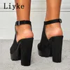 Sandaler Liyke Women Chunky Platform Sandaler Summer Flock Thick High Heels Open Toe Ankle Buckle Strap Ladies Shoes Casual T221209